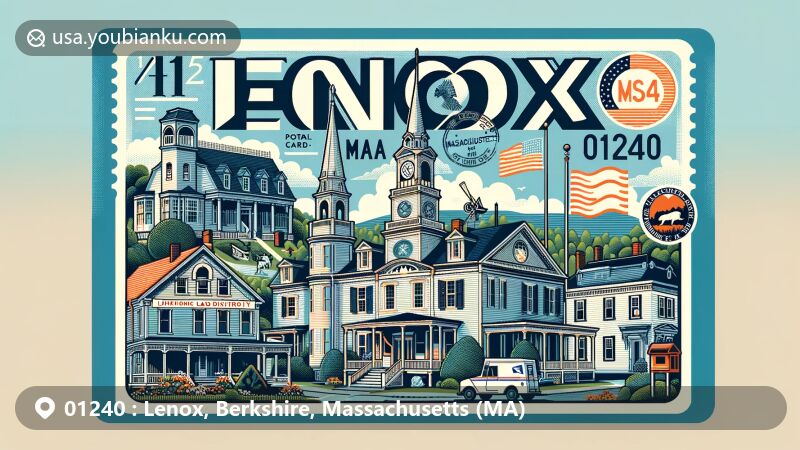 Modern illustration of Lenox, Berkshire, Massachusetts, showcasing Lenox Village Historic District with landmarks like Edith Wharton's home 
