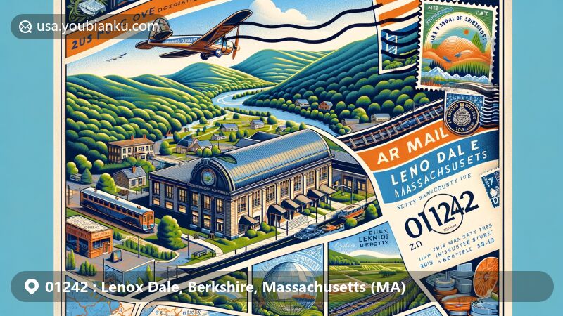Modern illustration of Lenox Dale, Berkshire County, Massachusetts, featuring an airmail envelope with ZIP code 01242, showcasing Berkshire Hills scenery and key town elements like Housatonic River, Crystal Street, and 1903 Lenox Station.