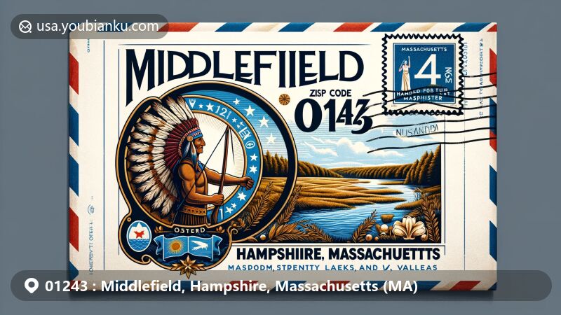 Modern illustration of Middlefield, Hampshire, Massachusetts, featuring historical Becket Land Trust area, Massachusetts state seal, and elements of Hampshire County's natural beauty, highlighting ZIP code 01243 and 'Middlefield, Hampshire, Massachusetts' names.