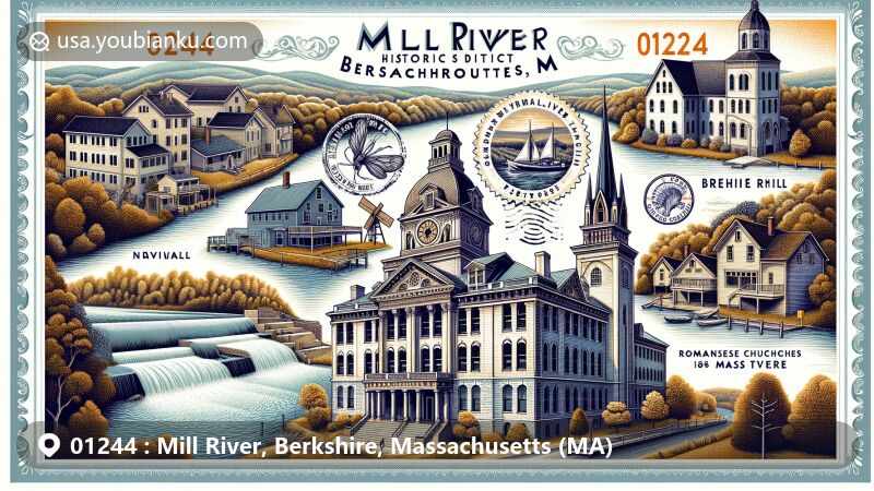 Modern illustration of Mill River, Berkshire, Massachusetts, highlighting historic district with architectural styles of Federal, Greek Revival, and Gothic Revival, complemented by Konkapot River, traditional houses, and Romanesque churches.
