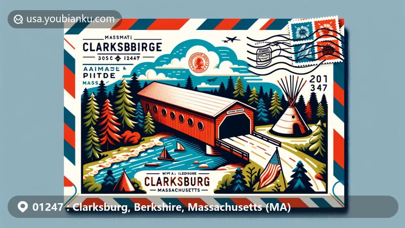 Modern illustration of Clarksburg, Massachusetts, featuring iconic landmarks like Arthur A. Smith Covered Bridge, Wigwam Woodlands symbolizing Native American culture, Clarksburg State Park, and postal elements with ZIP code 01247.
