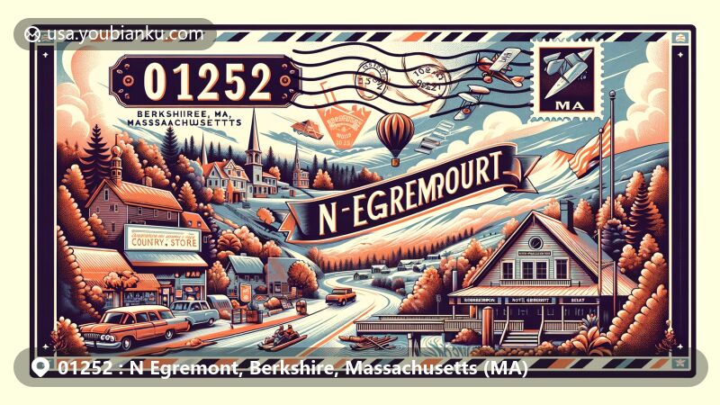Vintage airmail envelope with ZIP code 01252 and N Egremont, MA, portraying Berkshires' natural beauty and local attractions.