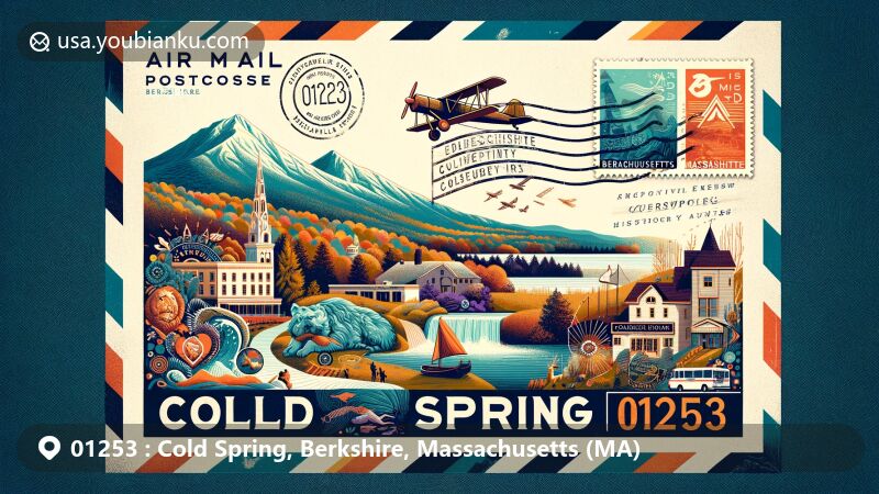 Modern illustration of Cold Spring, Berkshire, Massachusetts, featuring creative air mail envelope symbolizing postal communication, showcasing Mount Greylock, Mass MoCA, Coldbrook Springs, and Massachusetts state symbols.