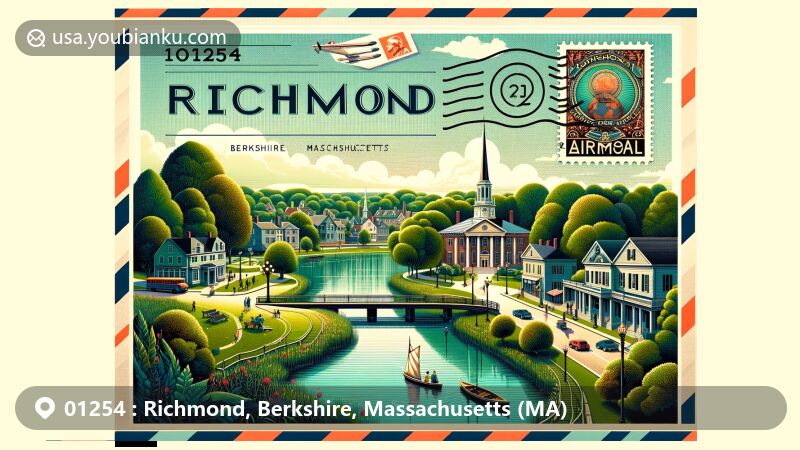 Illustration of Richmond, Berkshire County, Massachusetts, representing the unique charm of the town with agricultural history, Richmond Pond, lush greenery, historic town hall, and tribute to Boston Symphony Orchestra, integrated with postal elements showcasing ZIP code 01254.