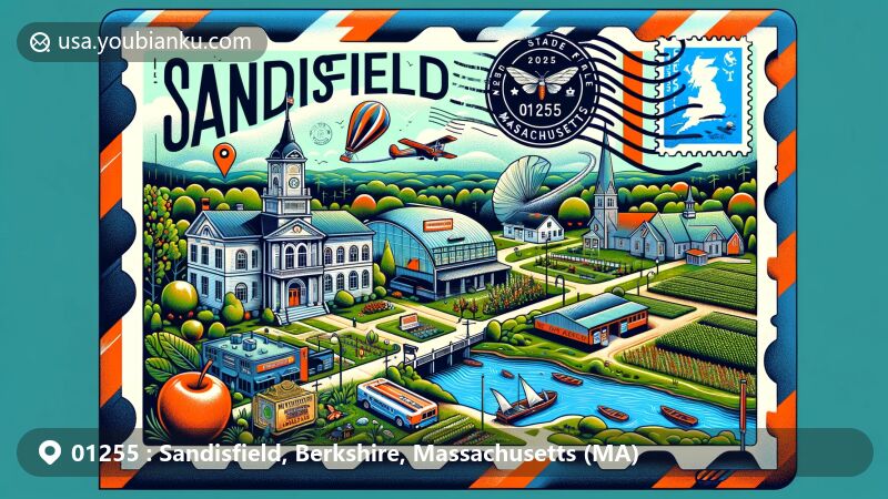 Colorful illustration of Sandisfield area in Berkshire County, Massachusetts, featuring airmail envelope with local landmarks, postal elements, and scenic countryside views.
