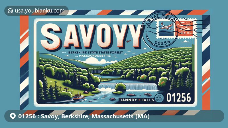 Modern illustration of Savoy, Berkshire County, Massachusetts, featuring unique airmail envelope with 'Savoy, MA' title, set against backdrop of Savoy Mountain State Forest's natural beauty including lush trees, hills, and Tannery Falls, with prominent ZIP code 01256 and postal elements like stamps and postmarks.