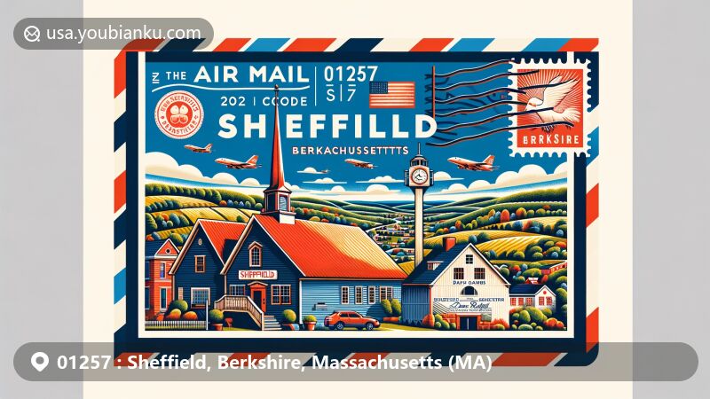 Modern illustration of Sheffield, Berkshire County, Massachusetts, featuring postal theme with ZIP code 01257, showcasing Boardman Farm and Dan Raymond House, blending rural charm and local farm-to-table culture, along with scenic Berkshire countryside. State flag of Massachusetts is cleverly incorporated, along with a stamp displaying the postal code.
