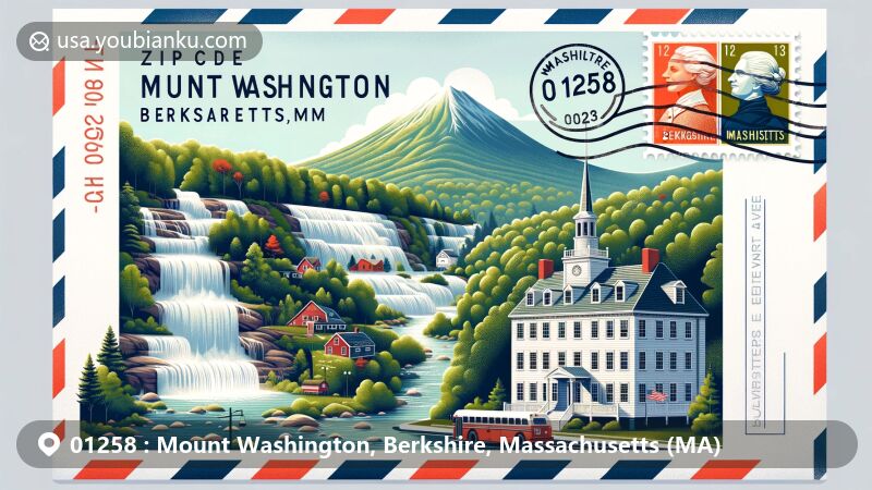 Modern illustration of Mount Washington, Berkshire County, Massachusetts, showcasing postal theme with ZIP code 01258, featuring Bash Bish Falls and Benjamin Osborn House.