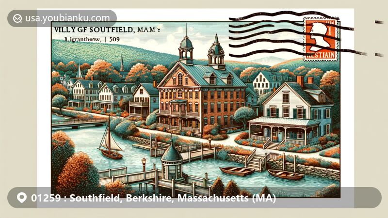 Modern illustration of Mill River Historic District in Southfield, Berkshire County, Massachusetts, displaying 19th-century architecture and natural beauty, incorporating postal theme with ZIP code 01259.