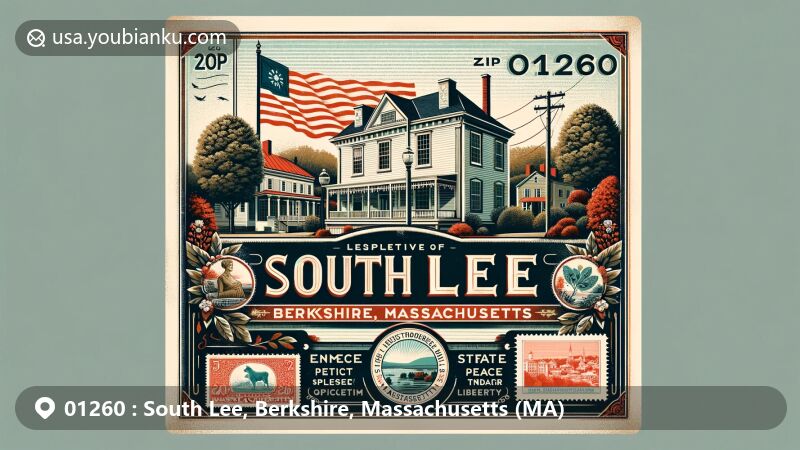 Vintage postcard illustration of South Lee, Berkshire County, Massachusetts, showcasing historic district with state flag, vintage postal elements, and ZIP code 01260, featuring state bird Chickadee and state flower Mayflower.