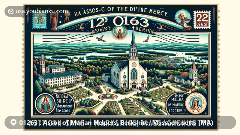 Modern illustration of Marian Helpers Association in Berkshire, Massachusetts, highlighting the National Shrine of The Divine Mercy, postal theme with ZIP code 01263, and symbolic references to spiritual and charitable works.