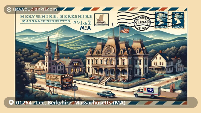 Modern illustration of Lee, Berkshire County, Massachusetts, showcasing postal theme with ZIP code 01264, featuring historical Playhouse, iconic buildings, Berkshire Hills backdrop, and Massachusetts state flag.