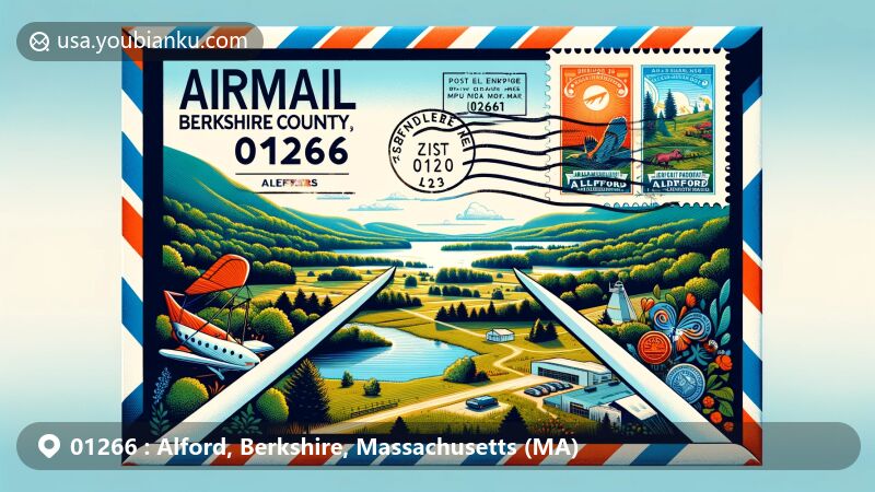 Modern illustration of Alford area showcasing rural beauty with lakes, hills, and nature trails, incorporating local arts and cultural elements, in the form of an airmail envelope with postal motifs.