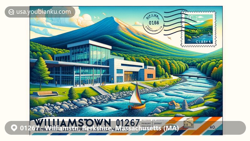 Modern illustration of Williamstown, Berkshire, Massachusetts, showcasing postal theme with ZIP code 01267, featuring Mount Greylock, Hoosic River, and the Lunder Center at Stone Hill.