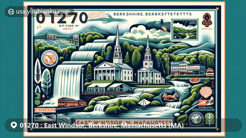 Modern illustration of East Windsor, Massachusetts, highlighting postal theme with ZIP code 01270, featuring iconic landmarks and symbols of the state.