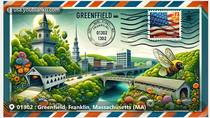 美国邮政编码01302，马萨诸塞州弗兰克林县格林菲尔德地区的现代插图，展示了邮政主题，特色景点有诗人座塔和尤尼斯·威廉姆斯有盖桥，突显马萨诸塞州的自然之美和历史文化。包括州旗、邮戳和蜜蜂雕塑。背景映衬弗兰克林县地图轮廓，展现地区身份。