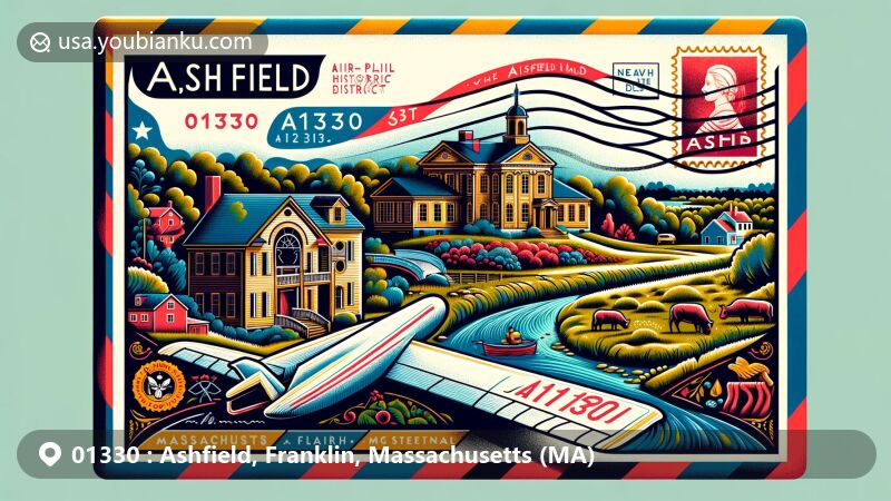 Stylized illustration of Ashfield, MA depicting postal theme with ZIP code 01330, featuring architectural styles from Ashfield Plain Historic District, pastoral scenes from Bug Hill Farm, and natural landscapes of Bear Swamp.