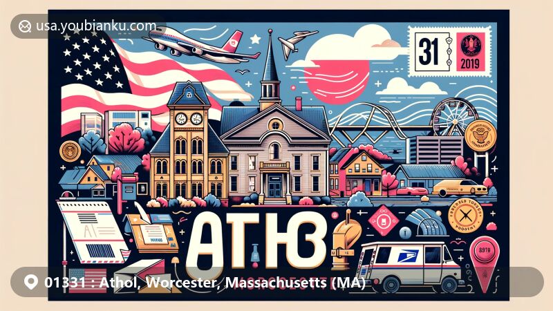 Modern illustration of Athol, Worcester County, Massachusetts, highlighting local culture and postal theme with ZIP code 01331, featuring state flag, local landmarks, postal elements like stamp, postmark, mailbox, and postal vehicle.