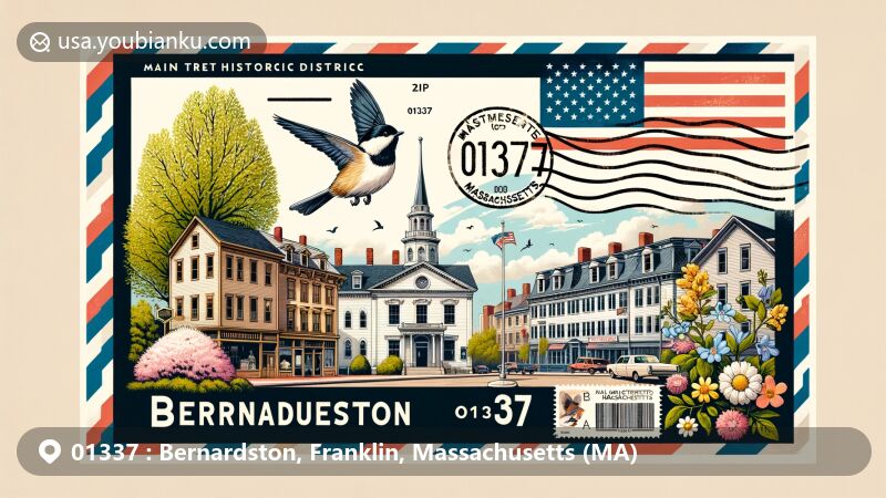 Modern illustration of Main Street Historic District, Bernardston, Massachusetts, featuring state symbols such as flag, bird Black-capped Chickadee, flower Mayflower, and tree American Elm, with postal theme including ZIP code 01337.