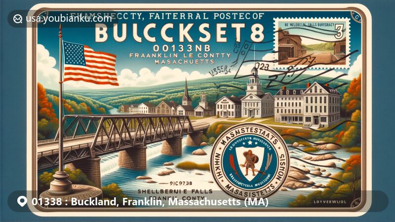 Modern illustration of Buckland, Franklin County, Massachusetts, featuring iconic Shelburne Falls Truss Bridge over Deerfield River, Shelburne Falls Historic District, Massachusetts state flag, vintage airmail envelope with ZIP code 01338, and stamp of Wilder Homestead Museum.