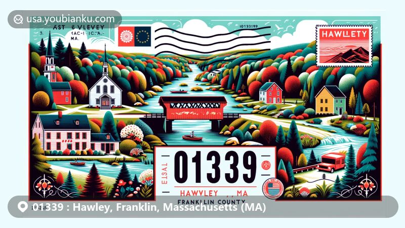 Modern illustration of Hawley, Franklin County, Massachusetts, capturing the essence of the area's scenic beauty, seasonal transitions, and key landmarks in a postcard style with postal theme for ZIP code 01339.