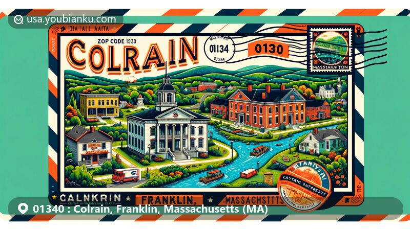 Modern illustration of Colrain, Franklin, Massachusetts, showcasing historic architecture, scenic landscapes, and postal elements with ZIP code 01340.