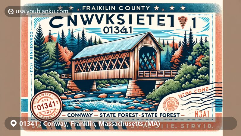 Modern illustration of Conway, Franklin County, Massachusetts, portraying Burkeville Covered Bridge surrounded by Conway State Forest and South River State Forest, featuring natural beauty and postal theme with ZIP code 01341.