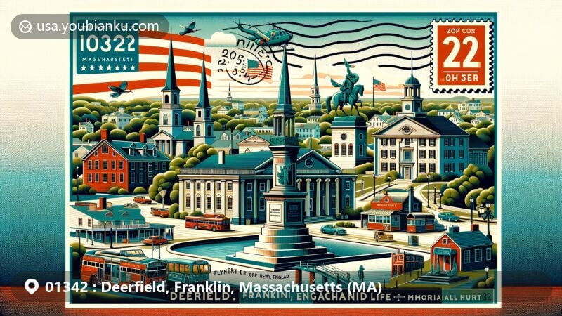 Modern illustration of Deerfield, Franklin, Massachusetts, showcasing historical landmarks like the Nims House, Flynt Center, Soldiers Monument, Town Memorial, and Memorial Hall Museum, integrated with postal elements and ZIP code 01342.