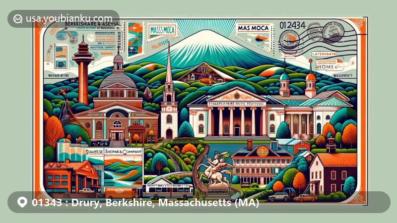 Modern illustration of cultural and natural landmarks in the Berkshires, Massachusetts, featuring elements like Tanglewood Music Festival, Shakespeare Company, Mount Greylock State Reservation, Mass MoCA, and The Mount, home of Edith Wharton, with a creative blend of nature and historic architecture.