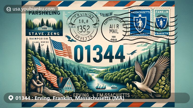 Vintage air mail envelope illustration for Erving, Franklin County, Massachusetts, featuring Erving State Forest, Massachusetts state flag with ZIP code 01344, and state symbols like Chickadee and Mayflower.