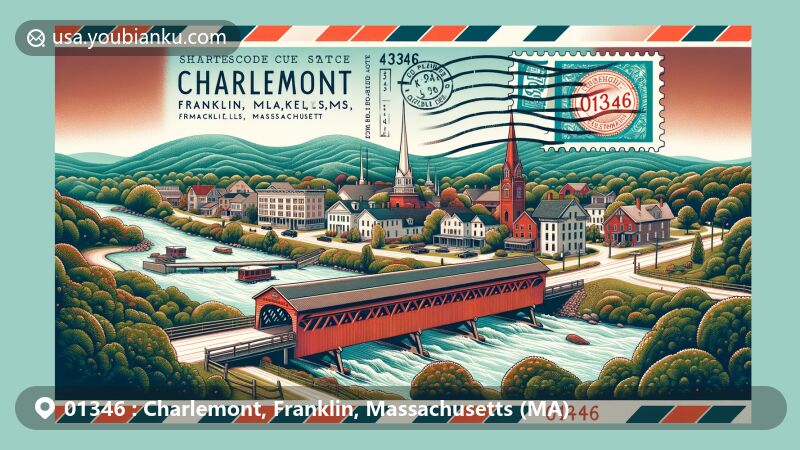 Modern illustration of Charlemont, Franklin County, Massachusetts, capturing postal theme with ZIP code 01346, showcasing Bissell Bridge, Arthur A. Smith Covered Bridge, Deerfield River, and Charlemont Village Historic District in vibrant colors.
