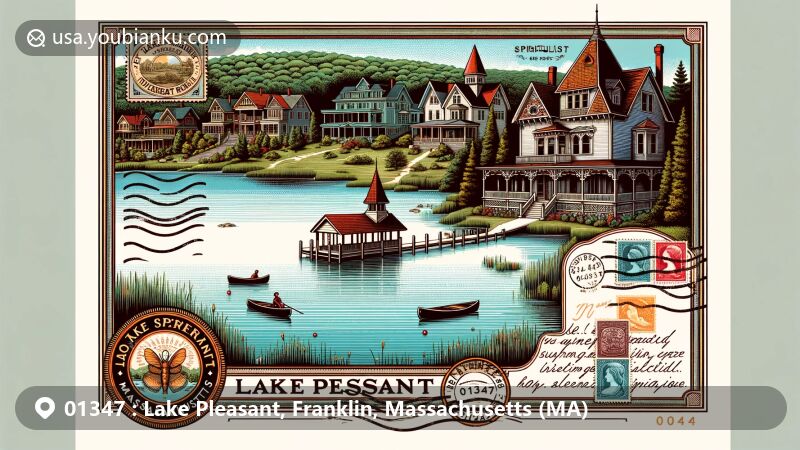 Modern illustration of Lake Pleasant, Massachusetts, featuring postcard view of village with lakeside cottages, Spiritualist camp, and Victorian-style buildings, adorned with postal elements and ZIP Code 01347.