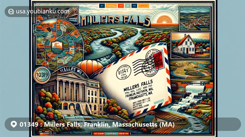 Modern illustration of Millers Falls, Franklin County, Massachusetts, showcasing postal theme with ZIP code 01349, featuring Millers River and historic Millers Falls Tool Company building.