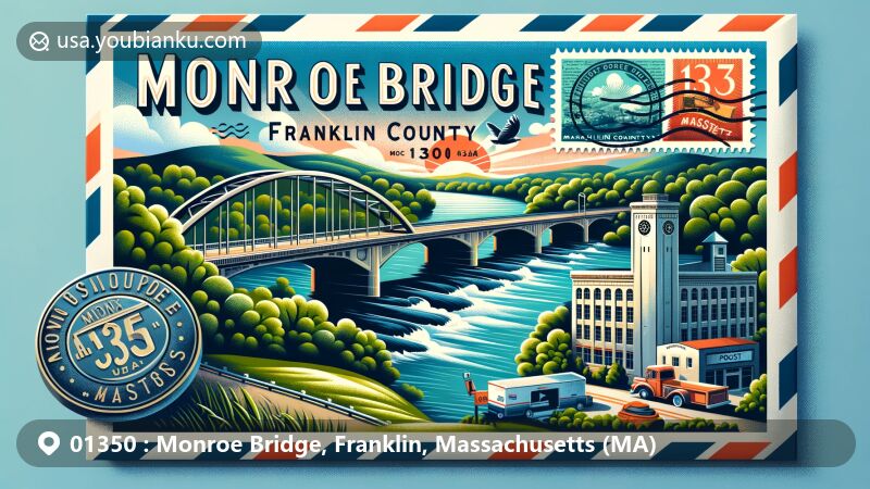Modern illustration of Monroe Bridge, Franklin County, Massachusetts, focusing on the postal theme with ZIP Code 01350, highlighting Monroe Bridge Overlook Park and scenic Deerfield River.