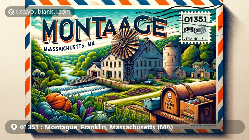 Modern illustration of Montague, Franklin County, Massachusetts, highlighting Montague Bookmill in a historic grist mill setting surrounded by lush greenery, postal elements with ZIP code 01351, and symbols of organic farming and sustainability.