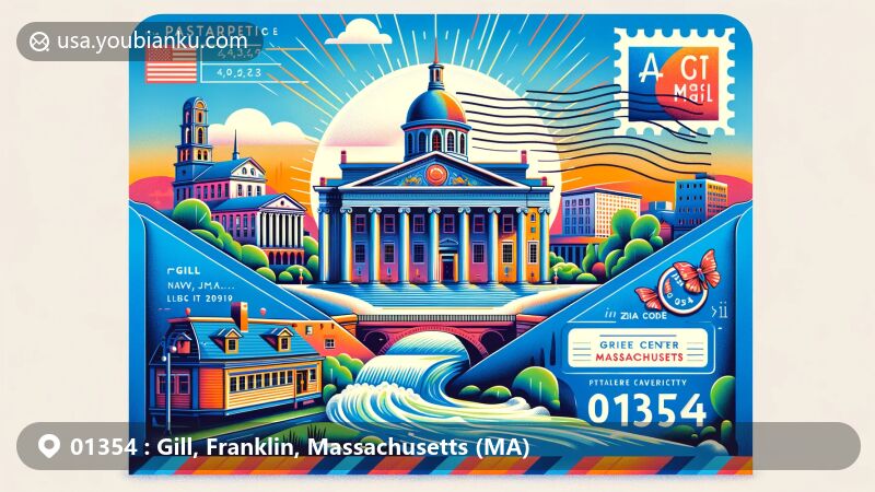 Modern illustration of Gill, Franklin County, Massachusetts, showcasing historic district with Greek Revival town hall and Colonial Revival library, featuring French King Bridge and The Cascades waterfall.