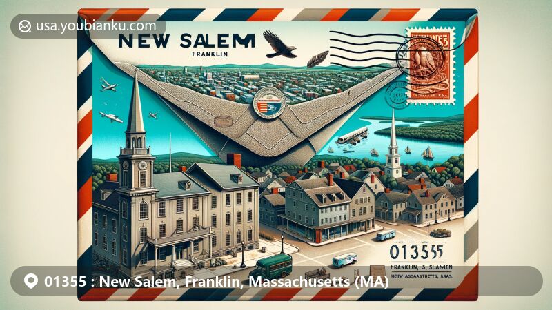 Modern illustration of New Salem, Franklin, Massachusetts, showcasing postal theme with ZIP code 01355, featuring New Salem Common Historic District and Quabbin Reservoir.