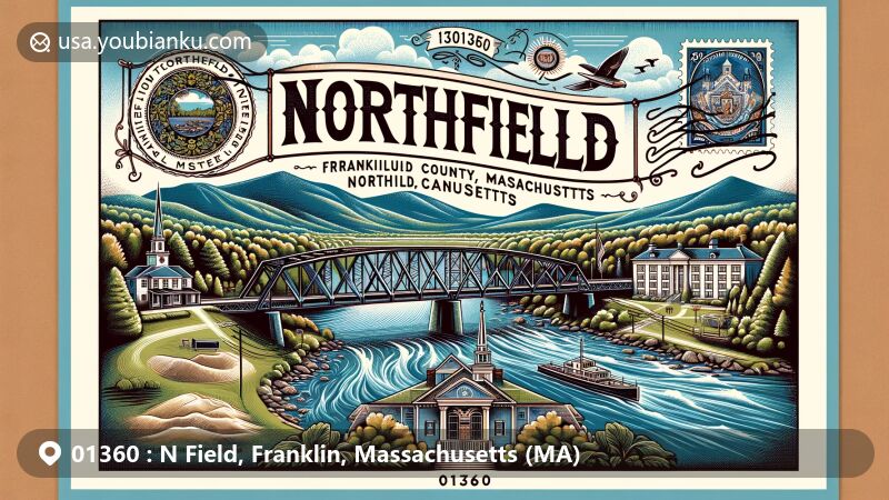 Modern illustration of Northfield, Franklin County, Massachusetts, showcasing scenic Connecticut River with Schell Bridge, Brush Mountain, and Northfield Mountain, along with Northfield Mount Hermon School emblem and postal elements.