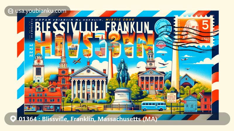Modern illustration of Blissville, Franklin, Massachusetts, featuring local landmarks like Franklin Historical Museum, Birthplace of Horace Mann, Benjamin Franklin Statue, Horace Mann Statue, and Civil War Soldier's Monument, with postal elements like air mail envelope border and ZIP code 01364 stamp.