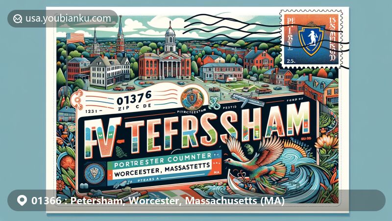 Modern illustration of Petersham, Worcester, Massachusetts, with focus on Petersham Common Historic District, showcasing state flag and ZIP code 01366, featuring postal stamp and mark.