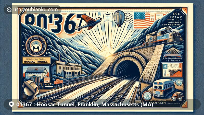 Modern illustration of Hoosac Tunnel, Franklin, Massachusetts, showcasing historic engineering feat with ZIP code 01367, emphasizing tunnel's length and challenges, surrounded by symbolic elements of the area's history and engineering contributions.