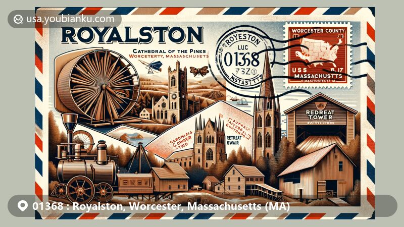 Vintage-style air mail envelope illustration for Royalston, Worcester County, Massachusetts, showcasing key landmarks and cultural elements like Cathedral of the Pines, Gardner Chair, Retreat Tower, and Ashuelot Covered Bridge.