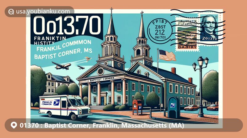 Modern illustration of ZIP Code 01370 area with Franklin Common Historic District architecture and Baptist Corner landmarks, incorporating postal elements like postcard, airmail envelope, stamps, postmark, mailbox, and postal van.
