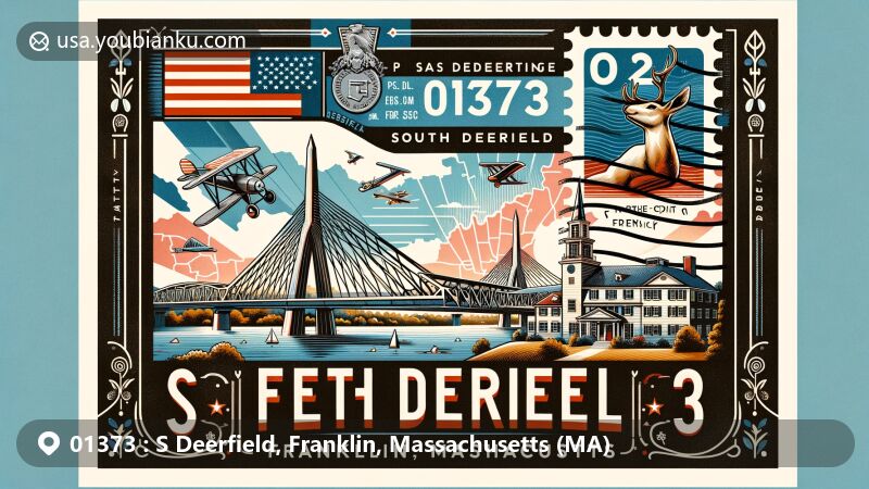 Modern illustration of South Deerfield, Franklin County, Massachusetts, showcasing French King Bridge, state flag, and postal theme with vintage airmail envelope featuring ZIP code 01373.
