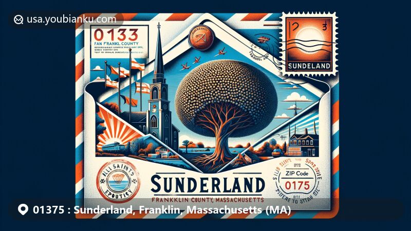 Modern illustration of Sunderland, Franklin County, MA, featuring airmail envelope with Buttonball Tree, Massachusetts state flag, and All Saints Episcopal Church, highlighting ZIP code 01375.