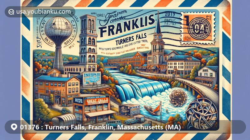 Modern illustration of Turners Falls, Franklin, Massachusetts, inspired by vintage airmail envelope, featuring Great Falls Discovery Center, Shea Theater, Unity Skatepark, and Spinner Park, showcasing industrial heritage and natural beauty of the area with Connecticut River and Canalside Rail Trail.