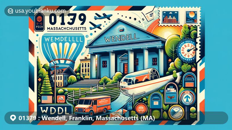 Modern illustration of Wendell, Franklin County, Massachusetts, showcasing postal theme with ZIP code 01379, featuring Greek Revival architecture of Wendell Town Common Historic District and Wendell State Forest.