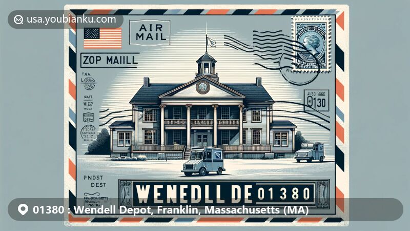 Modern illustration of Wendell Depot, Franklin County, Massachusetts, featuring historic Wendell Town Common area with Greek Revival architecture and rural charm, highlighted by bold ZIP Code 01380 in air mail envelope style.