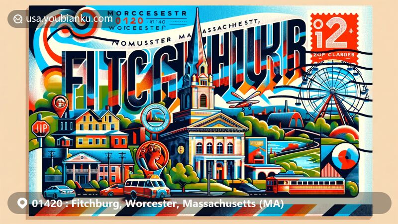 Modern illustration of Fitchburg, Worcester, Massachusetts, showcasing iconic landmarks and elements with postal theme featuring Fitchburg Art Museum, Monument Park Historic District, Coggshall Park, and Wachusett Mountain State Reservation.
