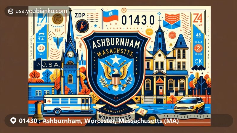 Modern illustration of Ashburnham, Worcester, Massachusetts, capturing postal theme with ZIP code 01430, including landmarks like Cushing Academy and Ashburnham Center Historic District, along with Massachusetts state symbols.